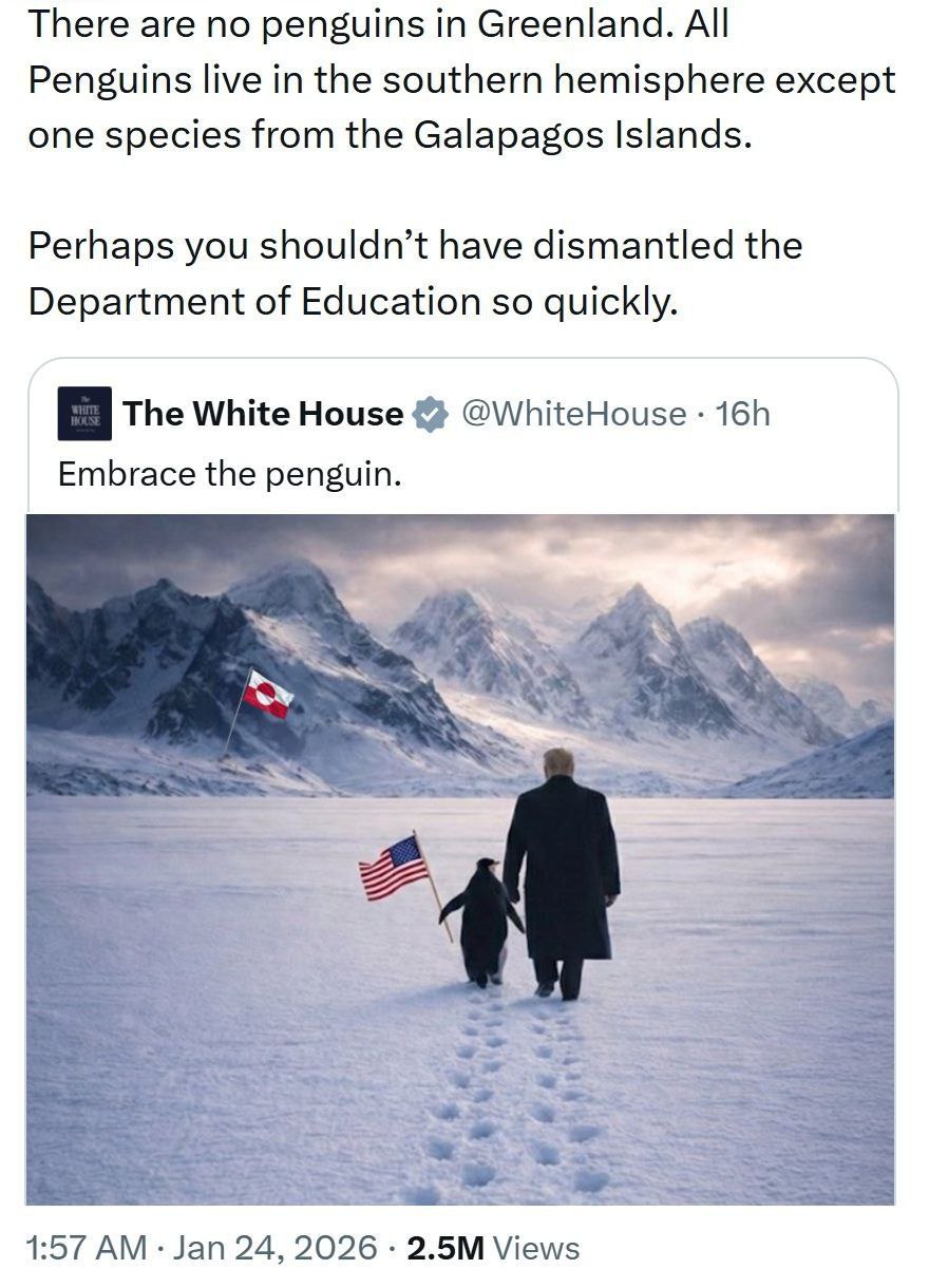 "В Гренландии нет пингвинов. Все пингвины водятся в Южном Полушарии за исключением одного вида с Галапагосских остров...