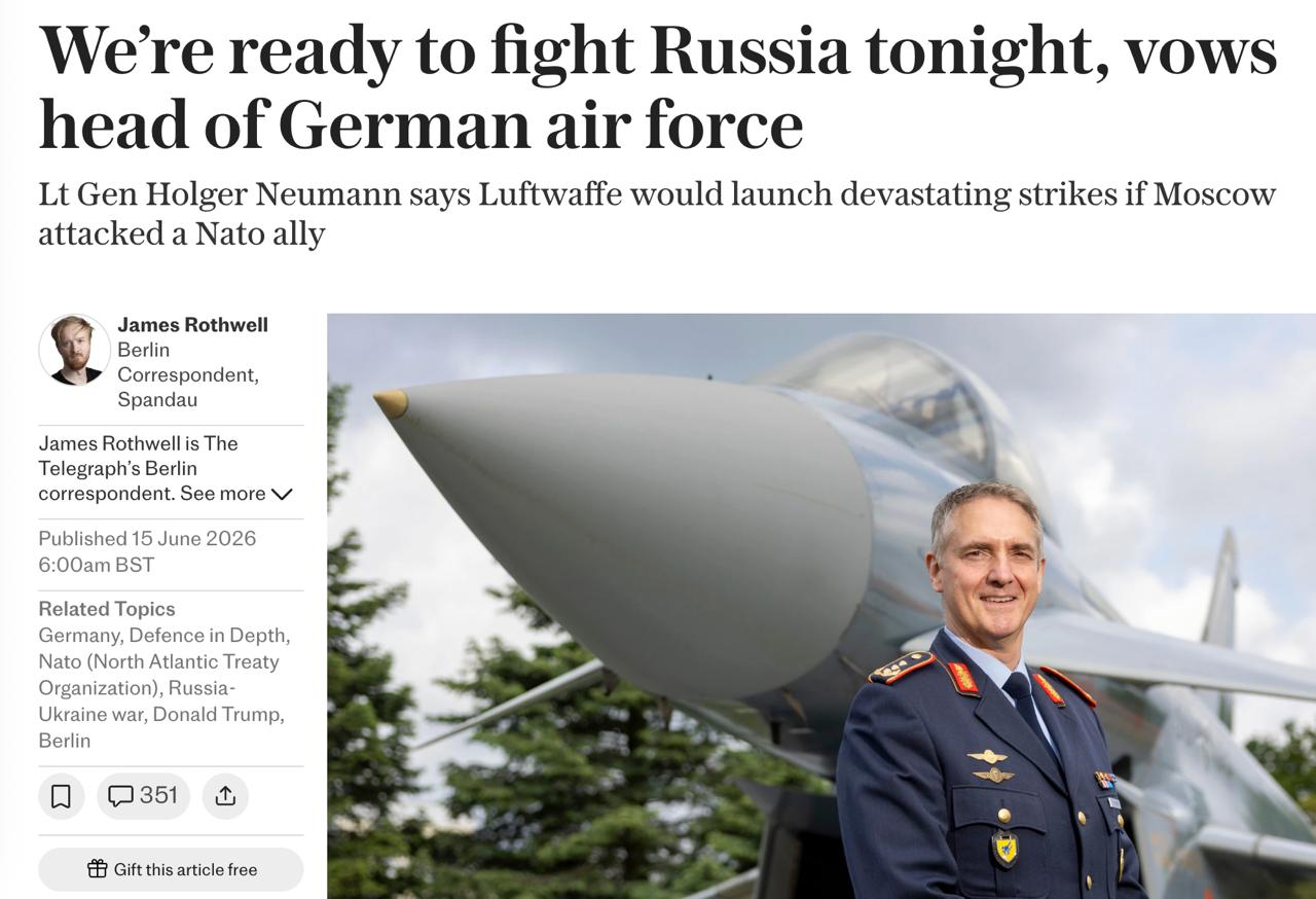 🇩🇪 Командующий люфтваффе генерал Хольгер Нойманн заявил в интервью The Telegraph, что немецкая авиация готова и сегод…